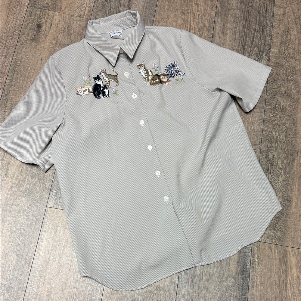 BonWorth Beige and White Striped Shirt Cat Embroidery Detail